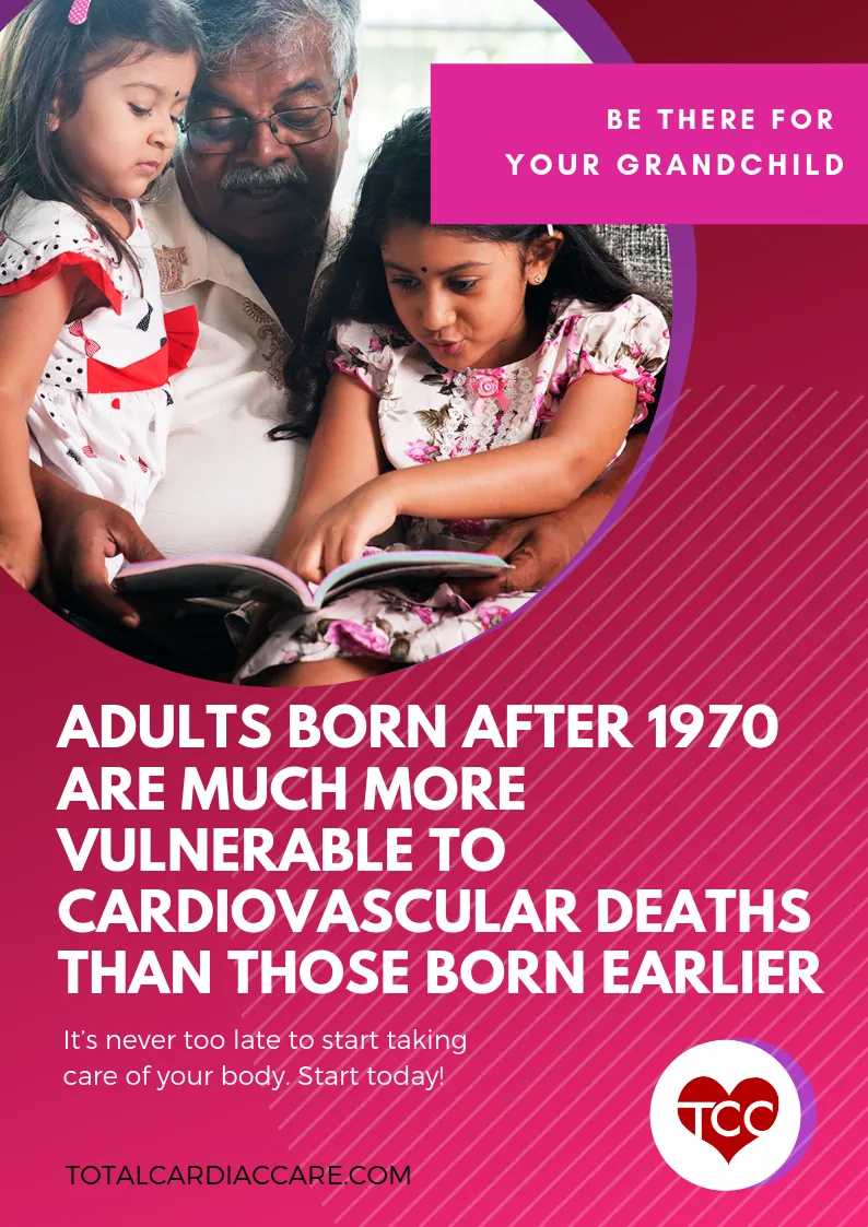 Poster: Be there for your grandchild. A grandfather reading a book with two granddaughters. Adults born after 1970 are much more vulnerable to cardiovascular deaths than those born earlier. It is never too late to start taking care of your body.