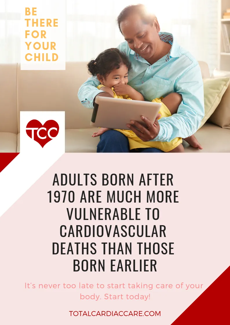 Poster: Be there for your child. A father holding a small child with a tablet. Adults born after 1970 are much more vulnerable to cardiovascular deaths than those born earlier.