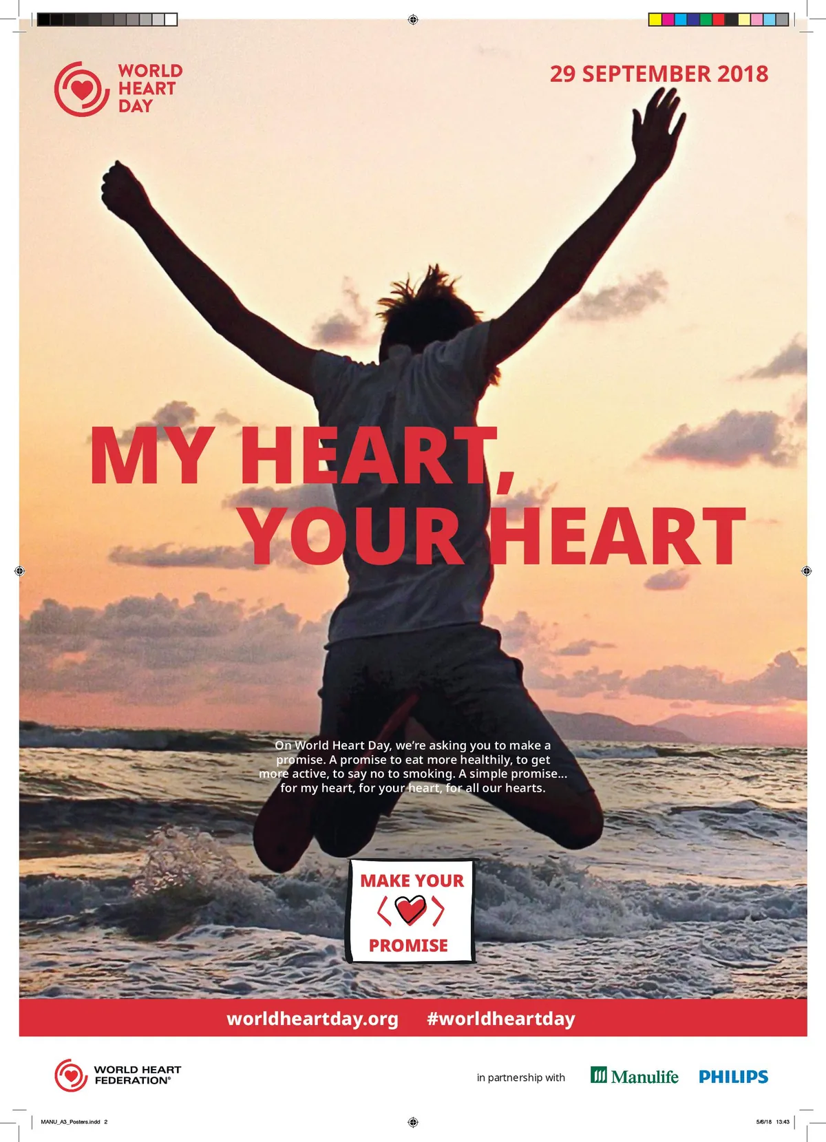 World Heart Day poster, 29 September 2018: My heart, your heart. A person leaping on a beach at sunset, with the World Heart Federation Make Your Promise mark.
