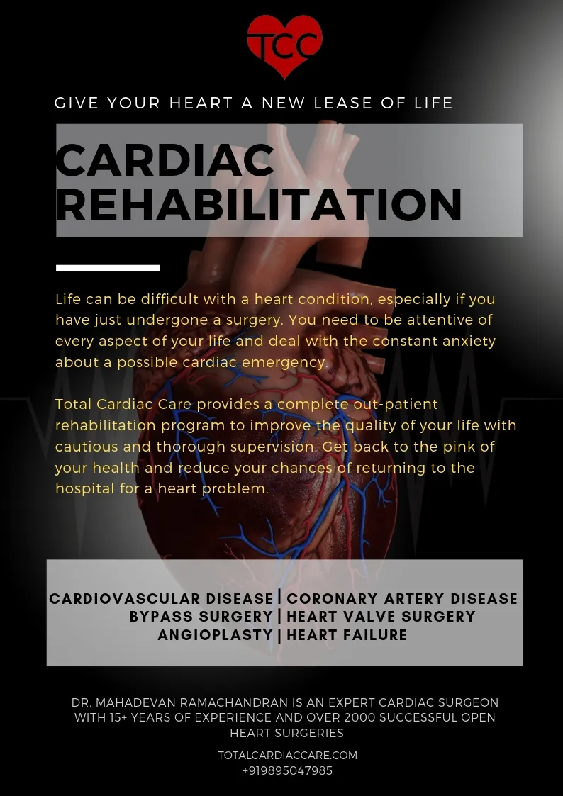 Poster: Give your heart a new lease of life. Cardiac rehabilitation. Total Cardiac Care provides a complete out-patient rehabilitation programme covering cardiovascular disease, coronary artery disease, bypass surgery, heart valve surgery, angioplasty and heart failure.