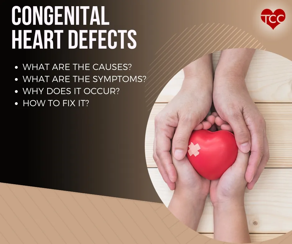 Poster: Congenital heart defects. What are the causes, what are the symptoms, why does it occur, how to fix it. Two pairs of hands holding a red toy heart with a sticking plaster on it.