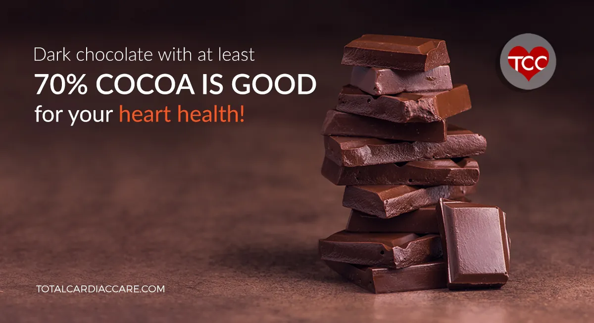 Poster: Dark chocolate with at least 70 per cent cocoa is good for your heart health. A stack of dark chocolate pieces.