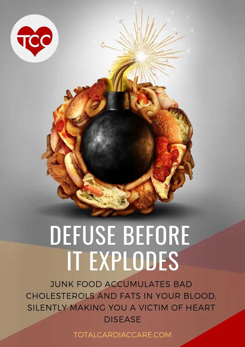 Poster: Defuse before it explodes. A bomb with a lit fuse surrounded by burgers and fried food. Junk food accumulates bad cholesterols and fats in your blood, silently making you a victim of heart disease.