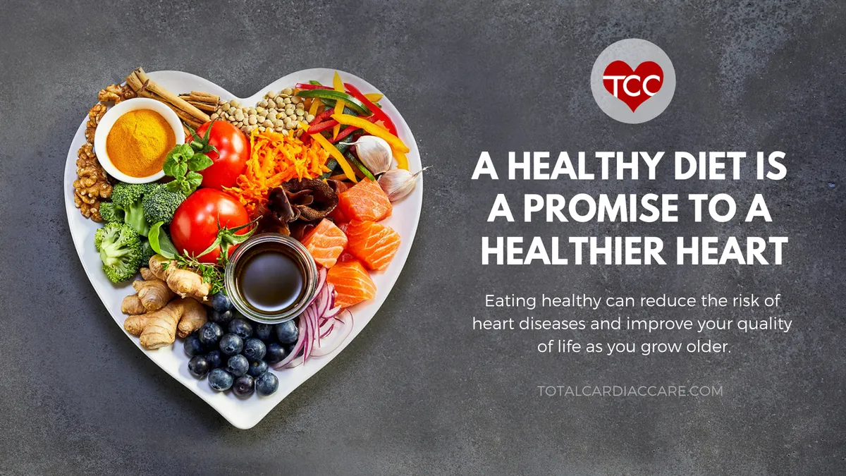 Poster: A healthy diet is a promise to a healthier heart. A heart-shaped plate of vegetables, fish, nuts and berries. Eating healthily can reduce the risk of heart disease and improve your quality of life as you grow older.
