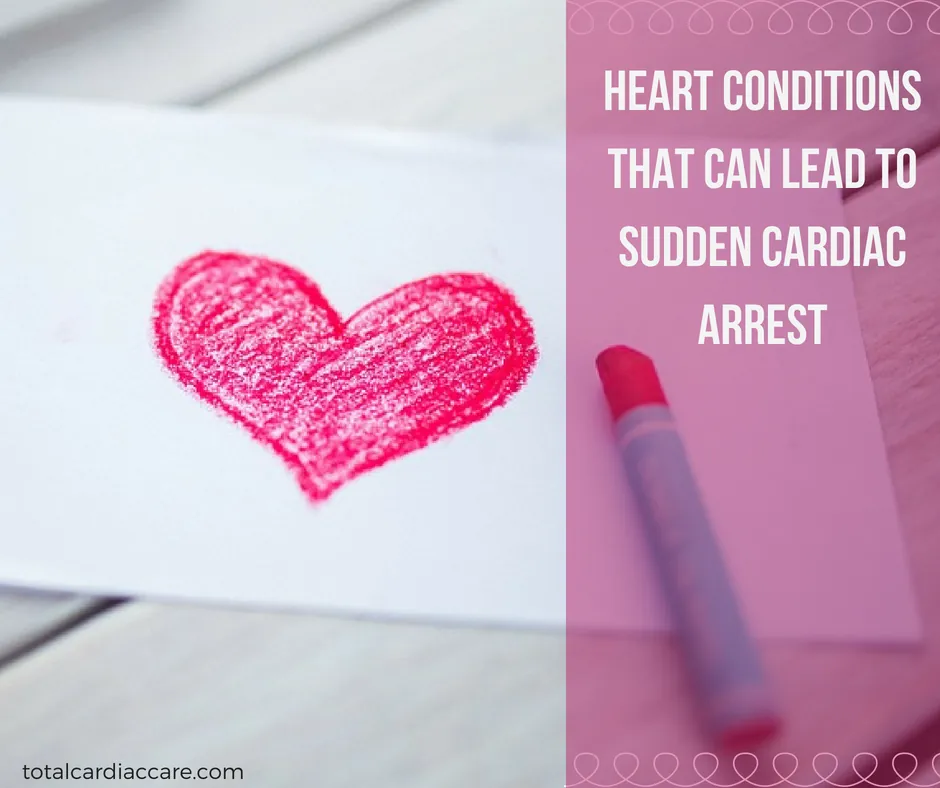 Poster: Heart conditions that can lead to sudden cardiac arrest. A heart drawn in pink marker on paper, beside the marker.