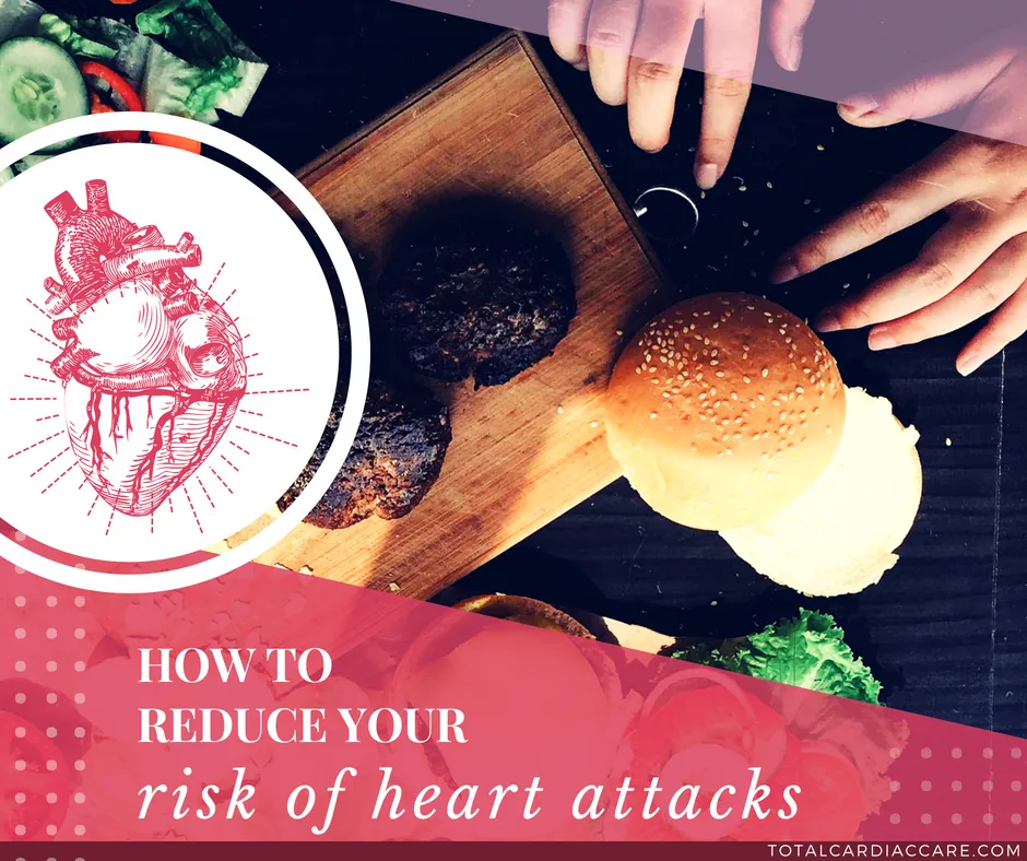 Poster: How to reduce your risk of heart attacks. An engraved heart beside a burger and chopping board.