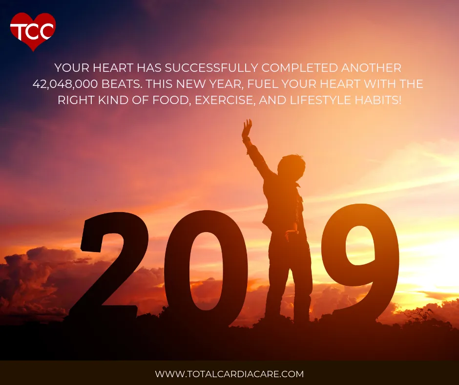 New year card: Your heart has successfully completed another 42,048,000 beats. This new year, fuel your heart with the right kind of food, exercise and lifestyle habits. A figure raising an arm at sunset beside the numerals 2019.