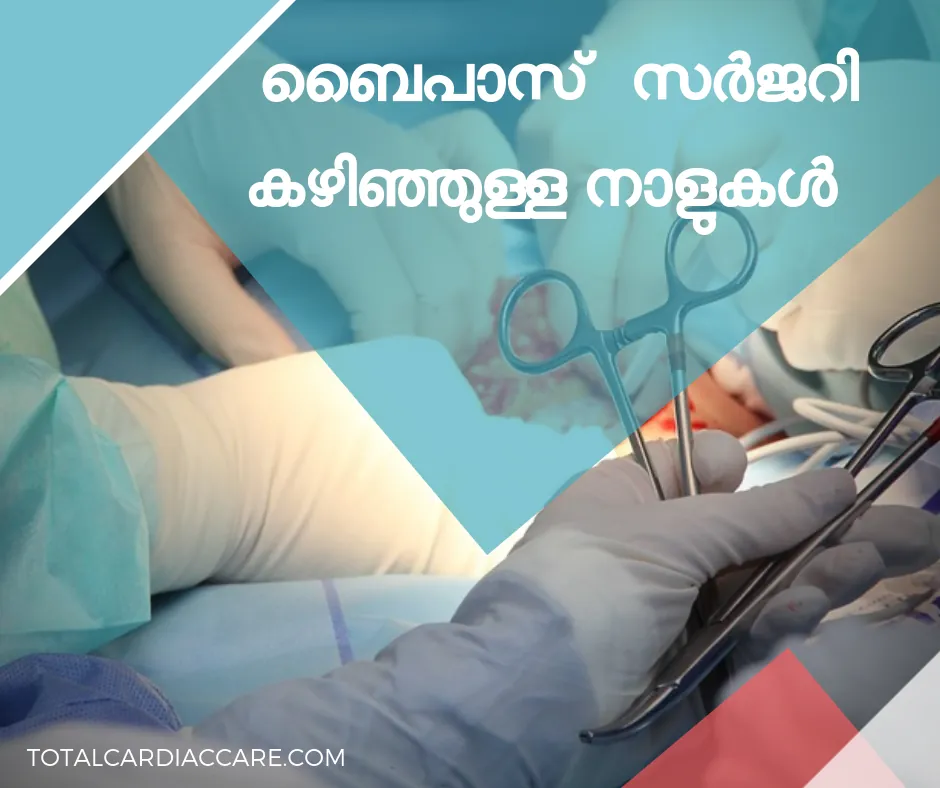 Poster in Malayalam: the days after bypass surgery. Surgical instruments and gloved hands over a draped patient.