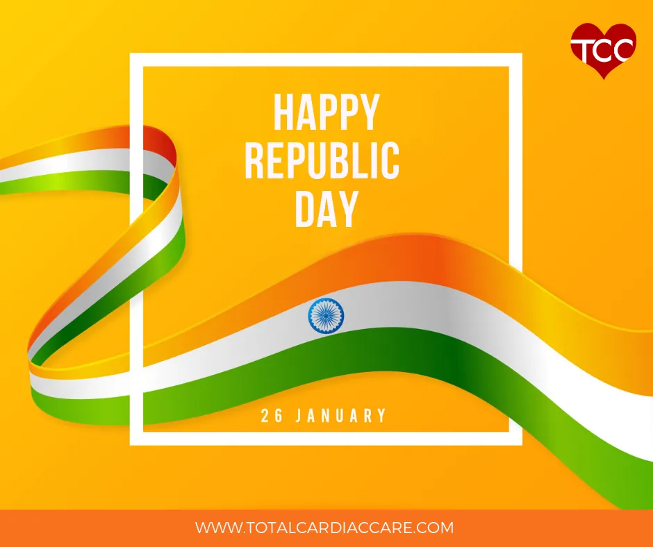 Card: Happy Republic Day, 26 January, with a ribbon in the colours of the Indian flag.