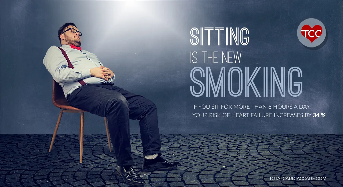 Poster: Sitting is the new smoking. If you sit for more than six hours a day, your risk of heart failure increases by 34 per cent. A seated man slumped in a chair.