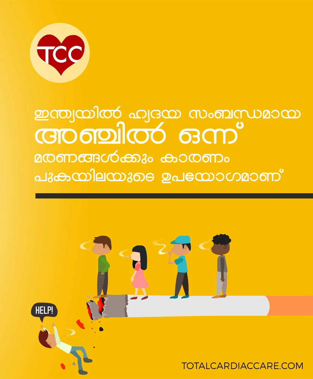 Poster in Malayalam: one in five heart-related deaths in India is caused by tobacco use. Figures standing on a giant cigarette, one of them fallen and calling for help.
