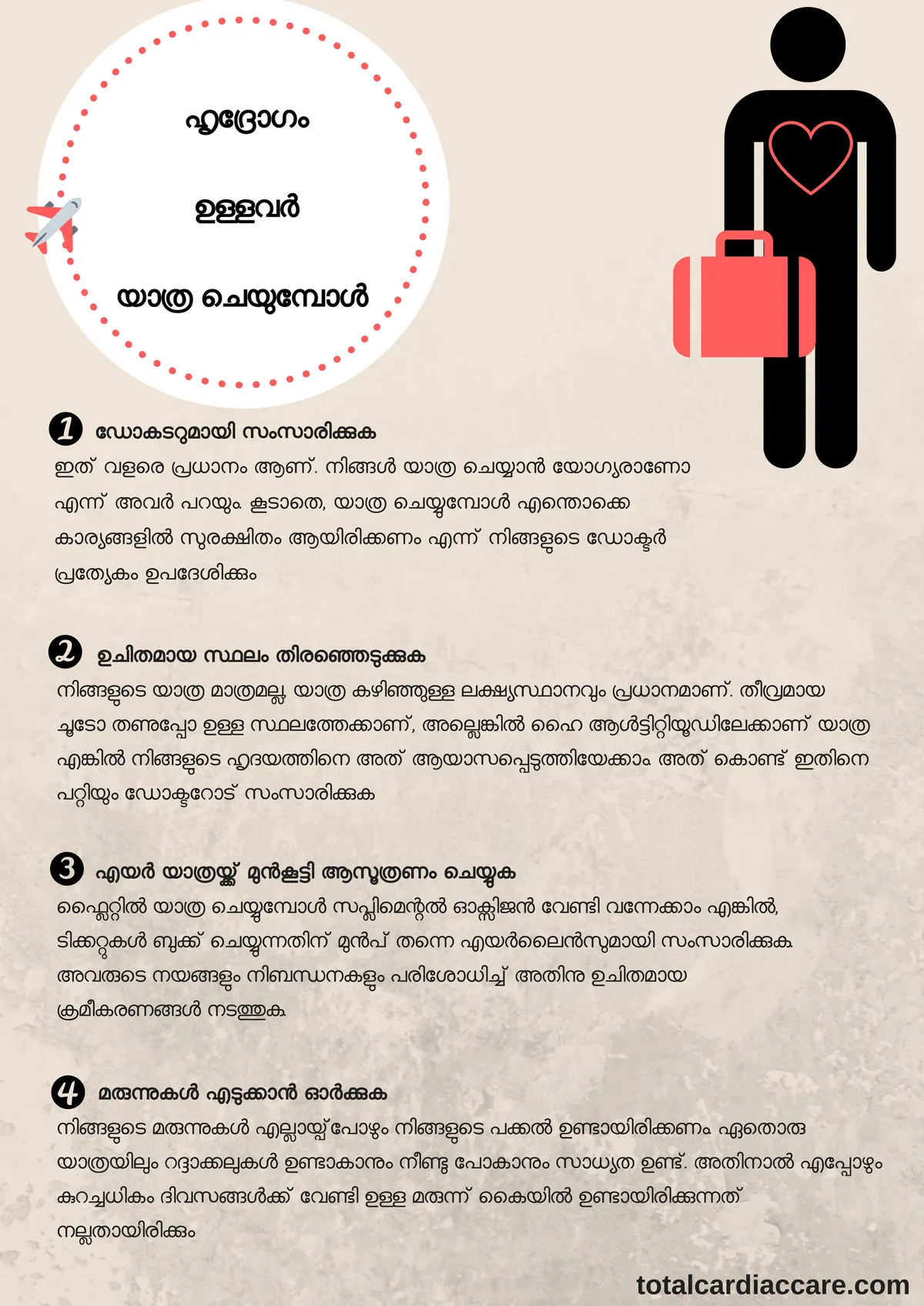 Infographic in Malayalam: travelling with a heart condition. Speak to your doctor, choose a suitable destination, arrange air travel in advance, and remember to carry your medicines.