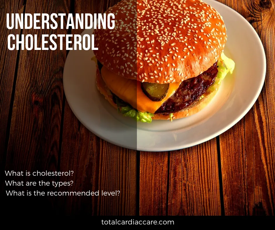 Title card: Understanding cholesterol. What is cholesterol, what are the types, what is the recommended level. A burger on a plate.