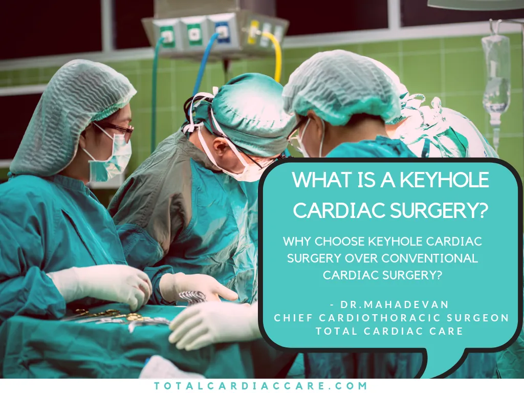 Photograph of a surgical team operating, captioned: what is a keyhole cardiac surgery, and why choose it over conventional cardiac surgery. Attributed to Dr. Mahadevan, chief cardiothoracic surgeon, Total Cardiac Care.