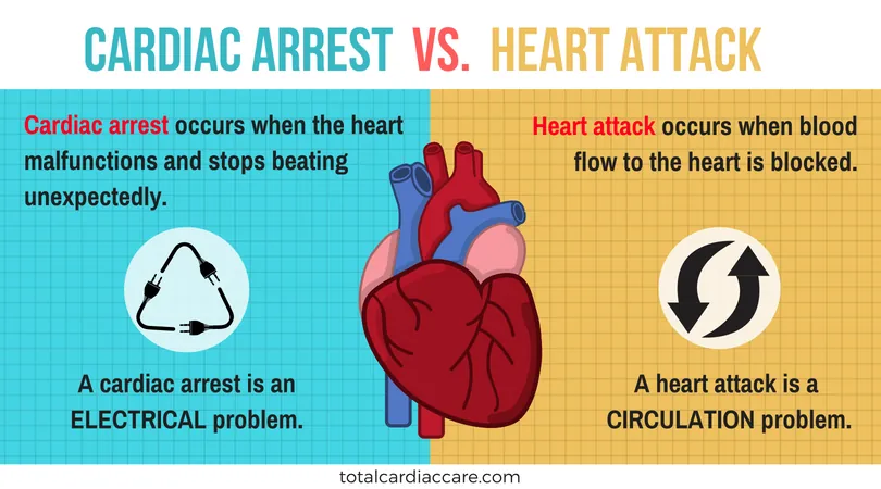 Infographic: Cardiac arrest versus heart attack. A cardiac arrest occurs when the heart malfunctions and stops beating unexpectedly, and is an electrical problem. A heart attack occurs when blood flow to the heart is blocked, and is a circulation problem.