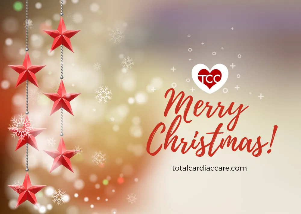 Card: Merry Christmas, with hanging red stars and snowflakes.
